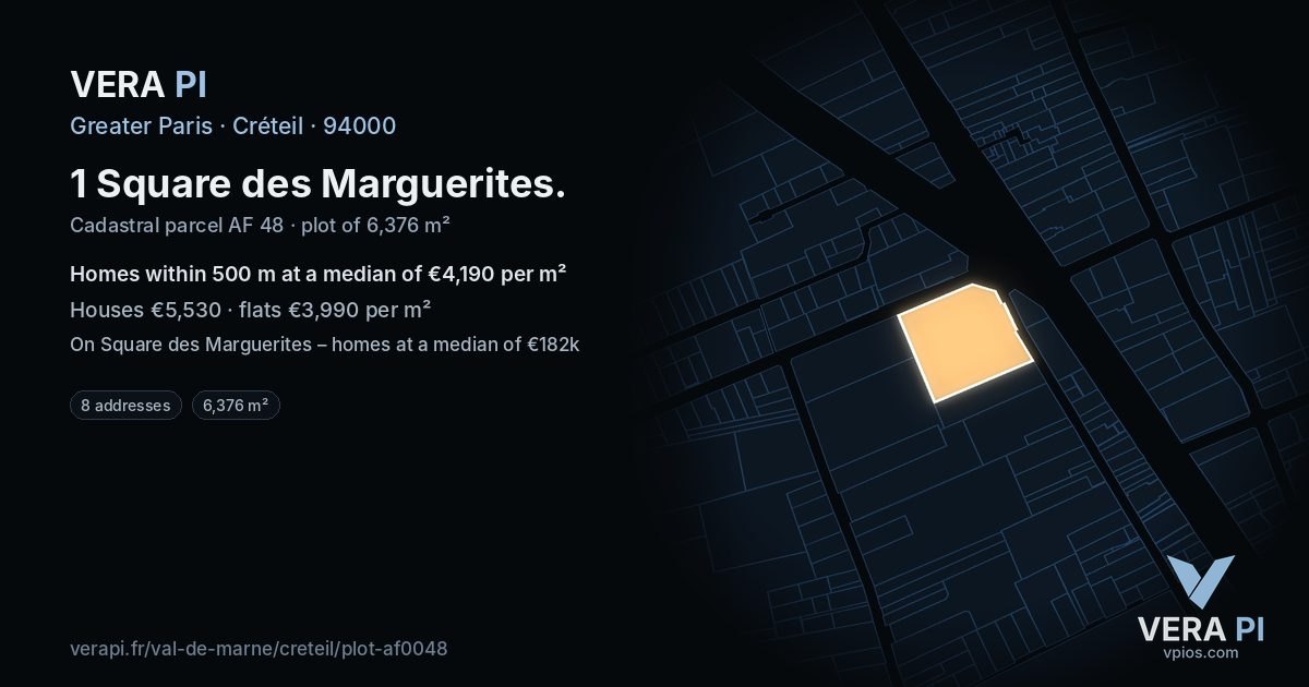 1 Square des Marguerites, Créteil at night – the plot lit, the parcels around coloured by the prices near them