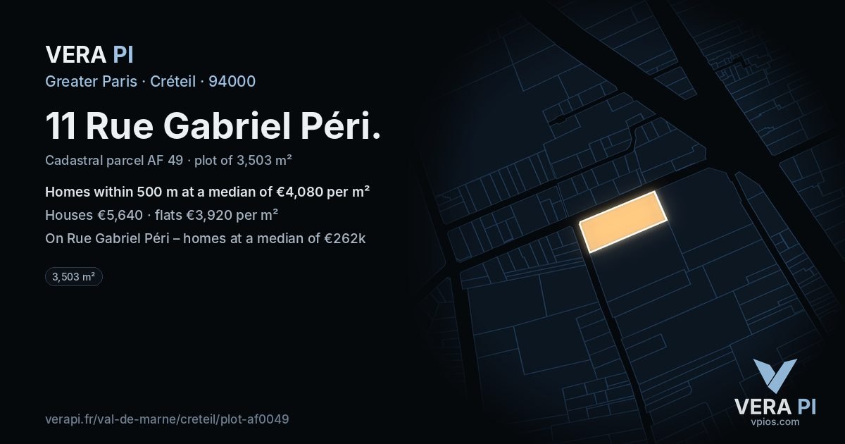 11 Rue Gabriel Péri, Créteil at night – the plot lit, the parcels around coloured by the prices near them