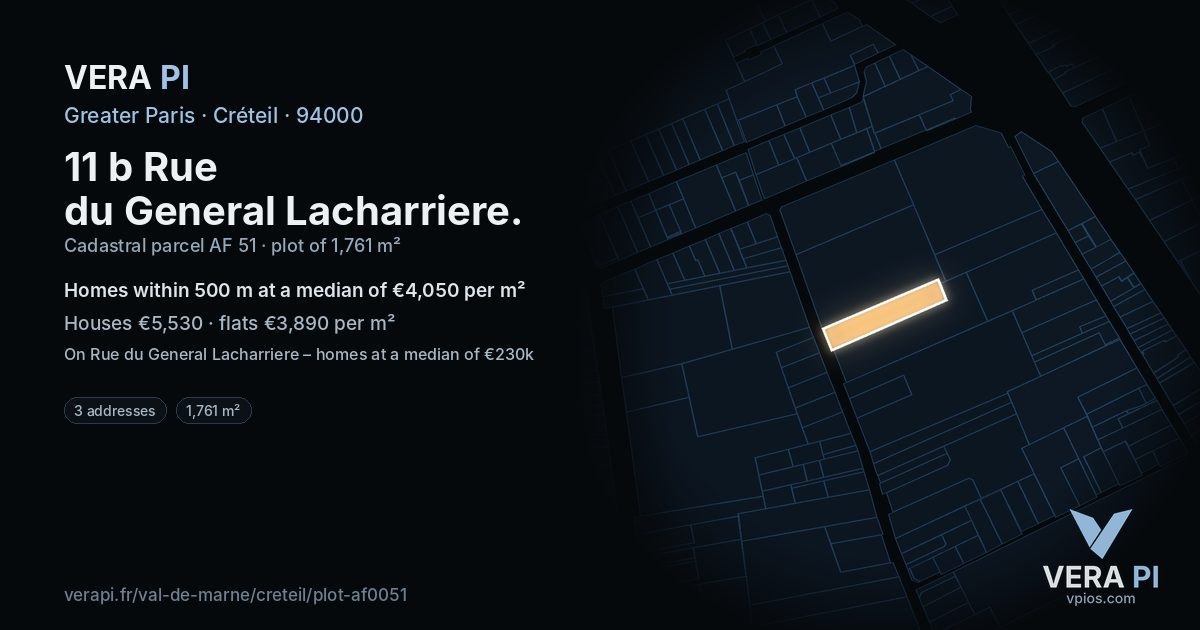 11 b Rue du General Lacharriere, Créteil at night – the plot lit, the parcels around coloured by the prices near them