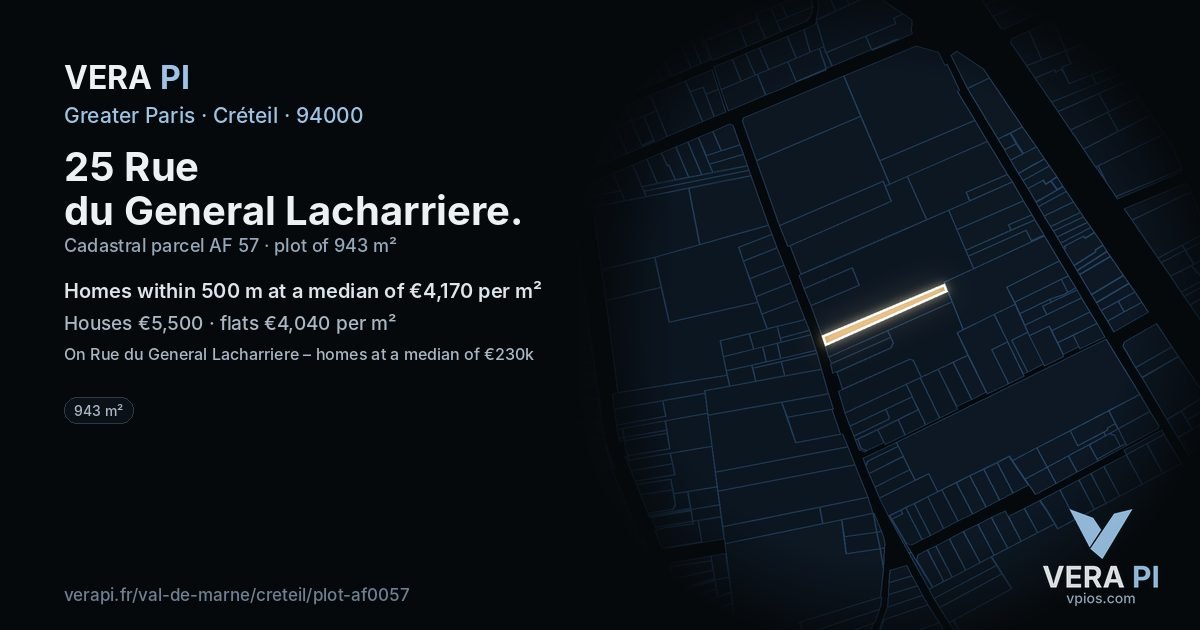 25 Rue du General Lacharriere, Créteil at night – the plot lit, the parcels around coloured by the prices near them
