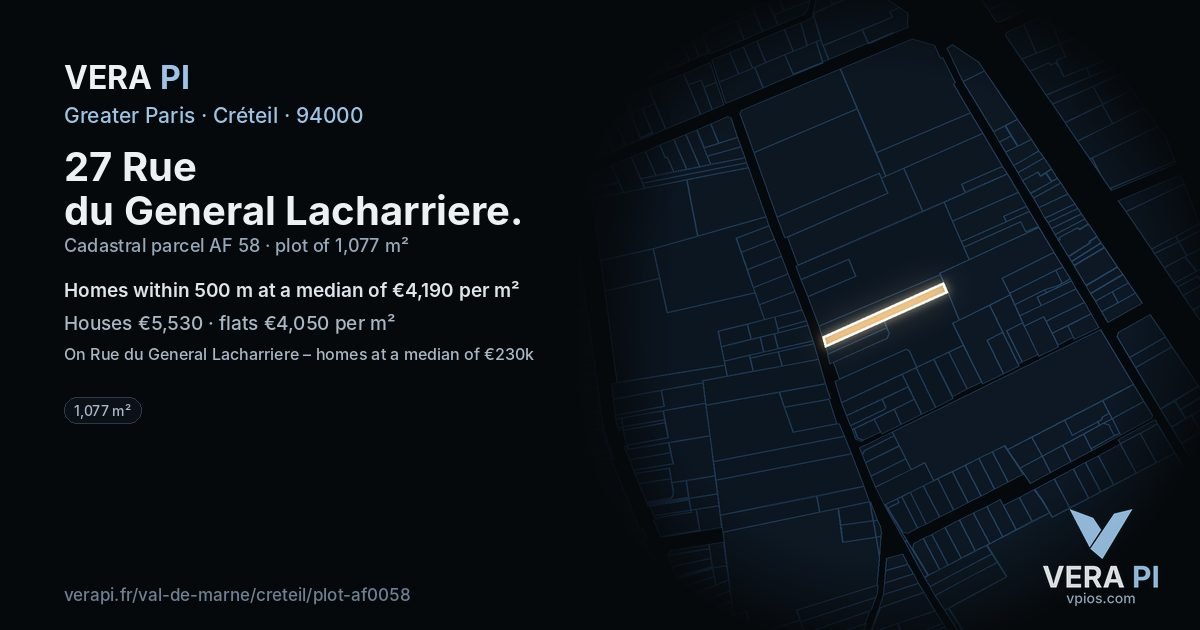 27 Rue du General Lacharriere, Créteil at night – the plot lit, the parcels around coloured by the prices near them
