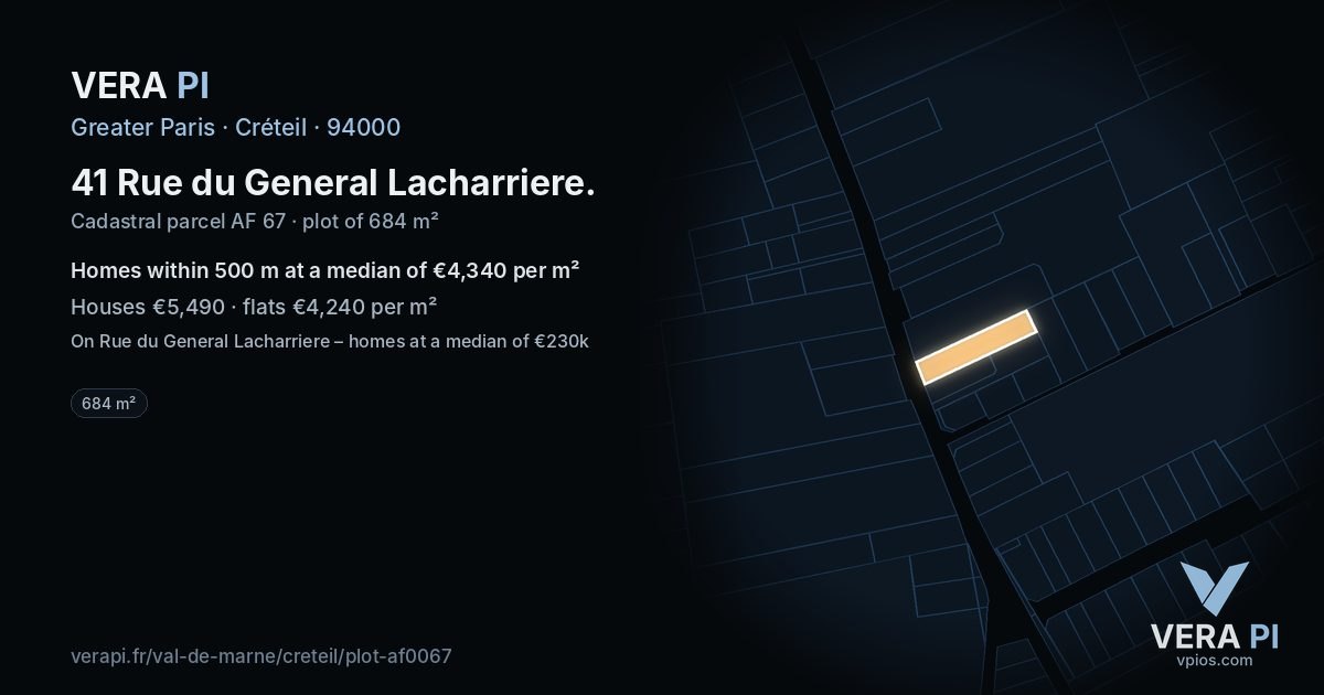 41 Rue du General Lacharriere, Créteil at night – the plot lit, the parcels around coloured by the prices near them