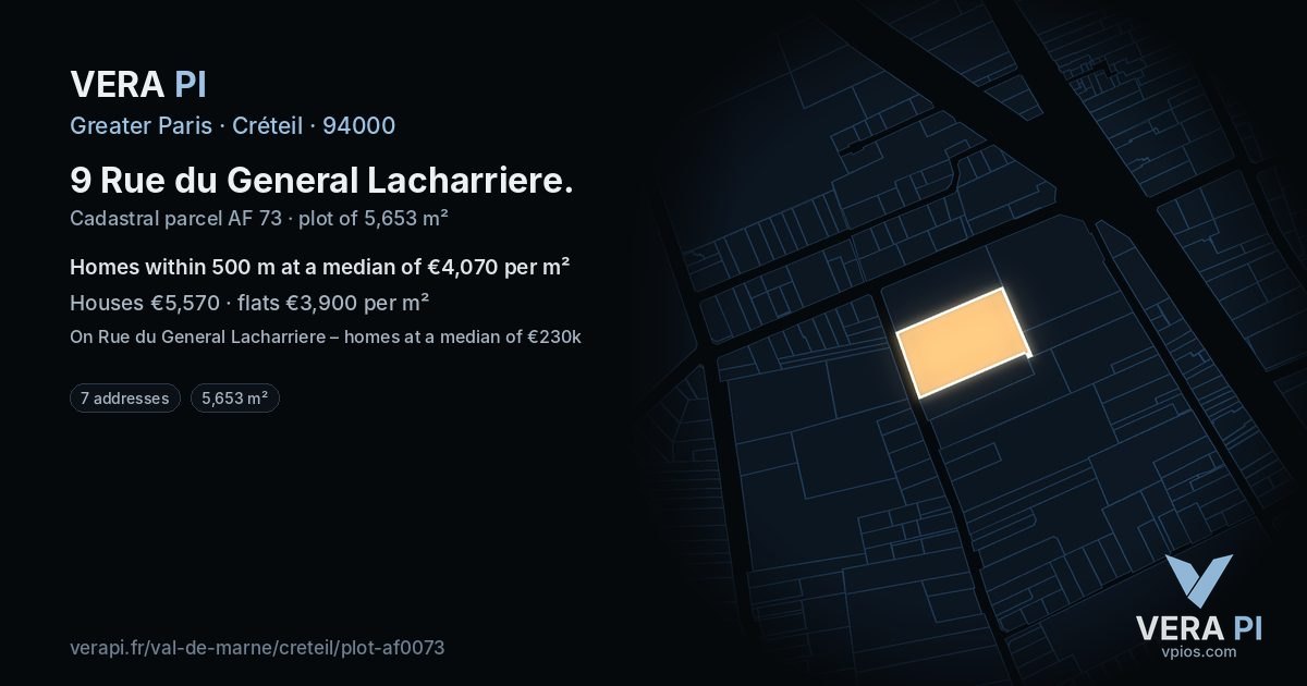 9 Rue du General Lacharriere, Créteil at night – the plot lit, the parcels around coloured by the prices near them