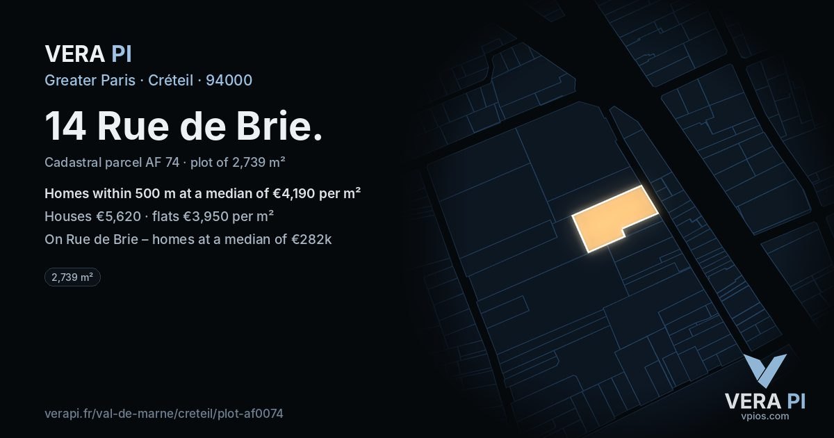 14 Rue de Brie, Créteil at night – the plot lit, the parcels around coloured by the prices near them