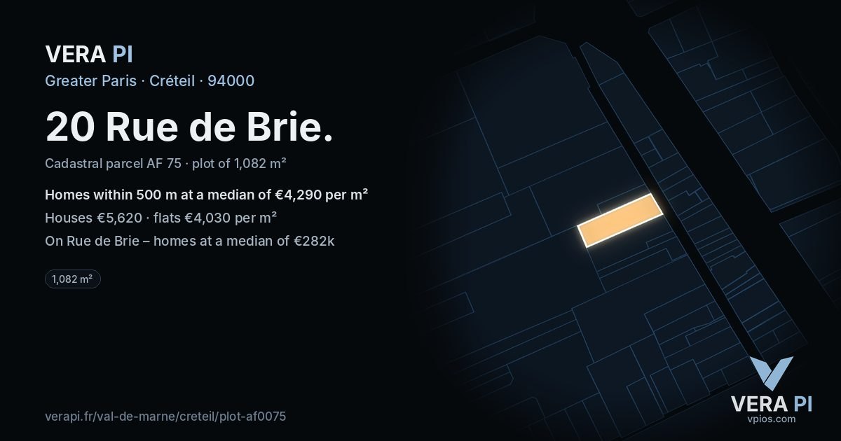 20 Rue de Brie, Créteil at night – the plot lit, the parcels around coloured by the prices near them