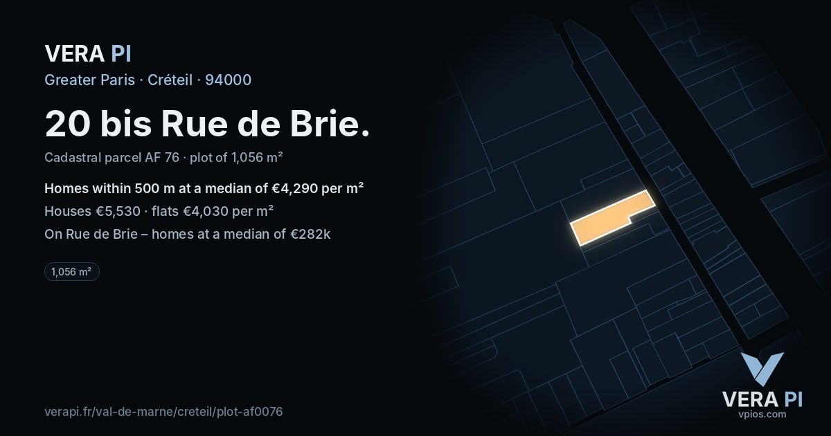 20 bis Rue de Brie, Créteil at night – the plot lit, the parcels around coloured by the prices near them
