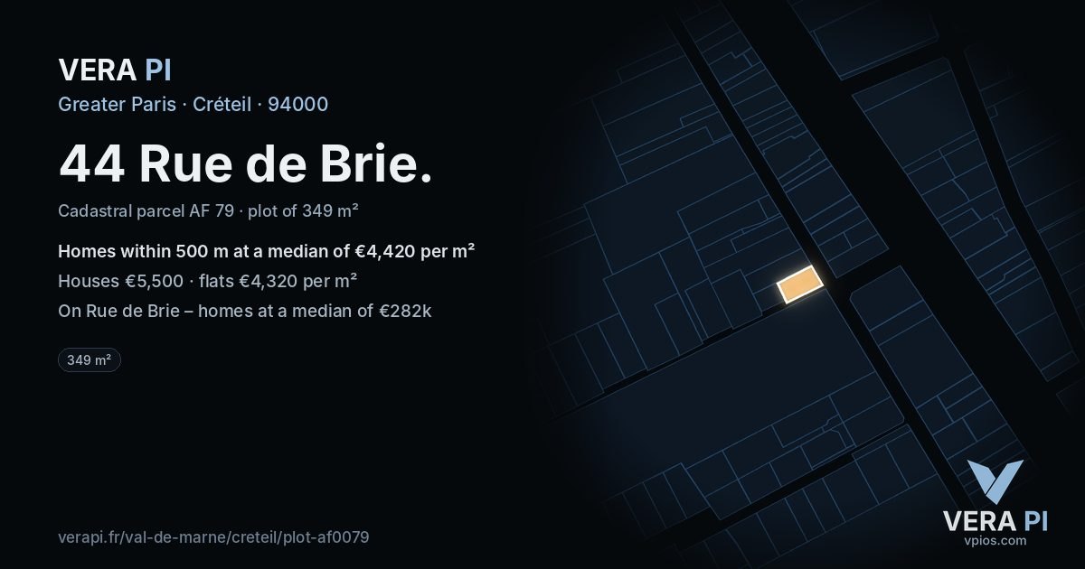 44 Rue de Brie, Créteil at night – the plot lit, the parcels around coloured by the prices near them