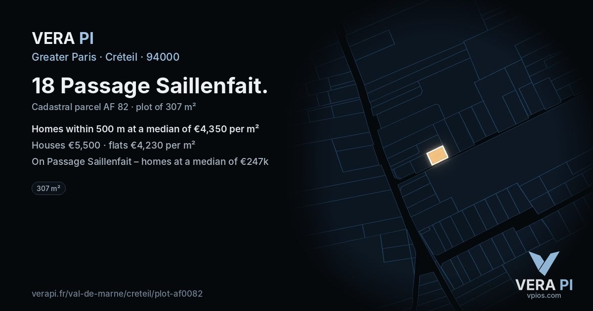 18 Passage Saillenfait, Créteil at night – the plot lit, the parcels around coloured by the prices near them