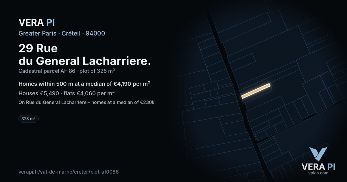 29 Rue du General Lacharriere, Créteil at night – the plot lit, the parcels around coloured by the prices near them