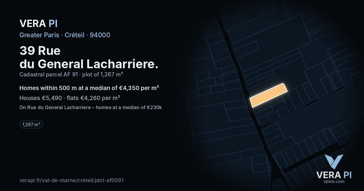 39 Rue du General Lacharriere, Créteil at night – the plot lit, the parcels around coloured by the prices near them
