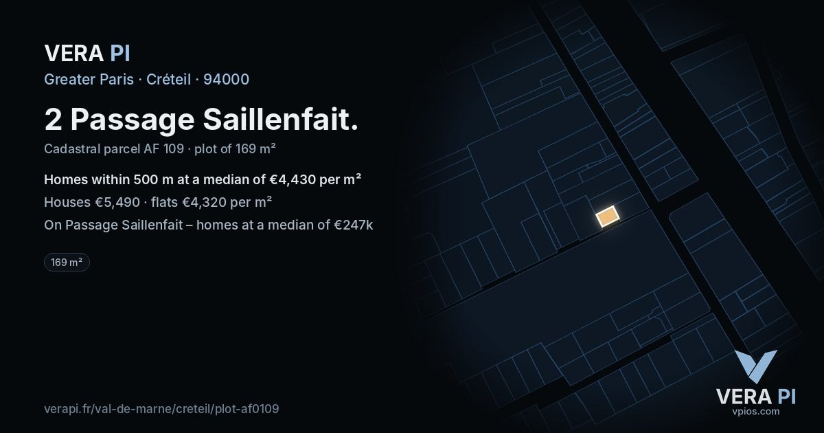 2 Passage Saillenfait, Créteil at night – the plot lit, the parcels around coloured by the prices near them