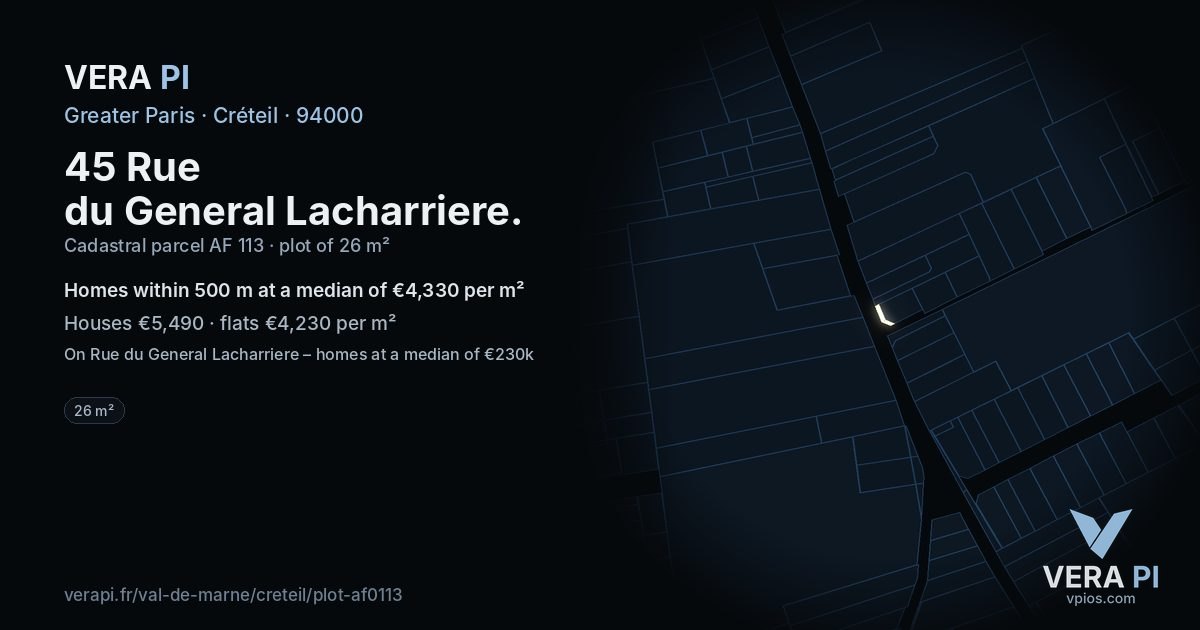 45 Rue du General Lacharriere, Créteil at night – the plot lit, the parcels around coloured by the prices near them