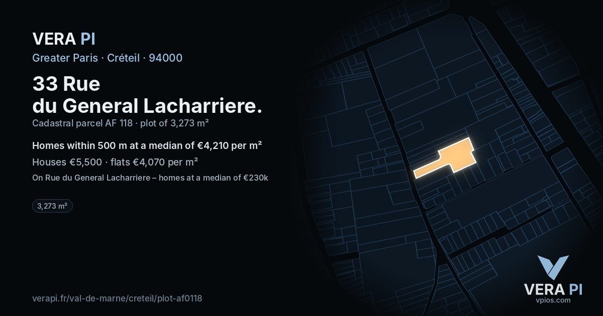33 Rue du General Lacharriere, Créteil at night – the plot lit, the parcels around coloured by the prices near them