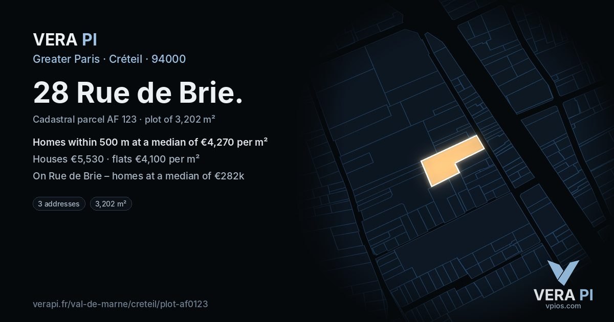 28 Rue de Brie, Créteil at night – the plot lit, the parcels around coloured by the prices near them