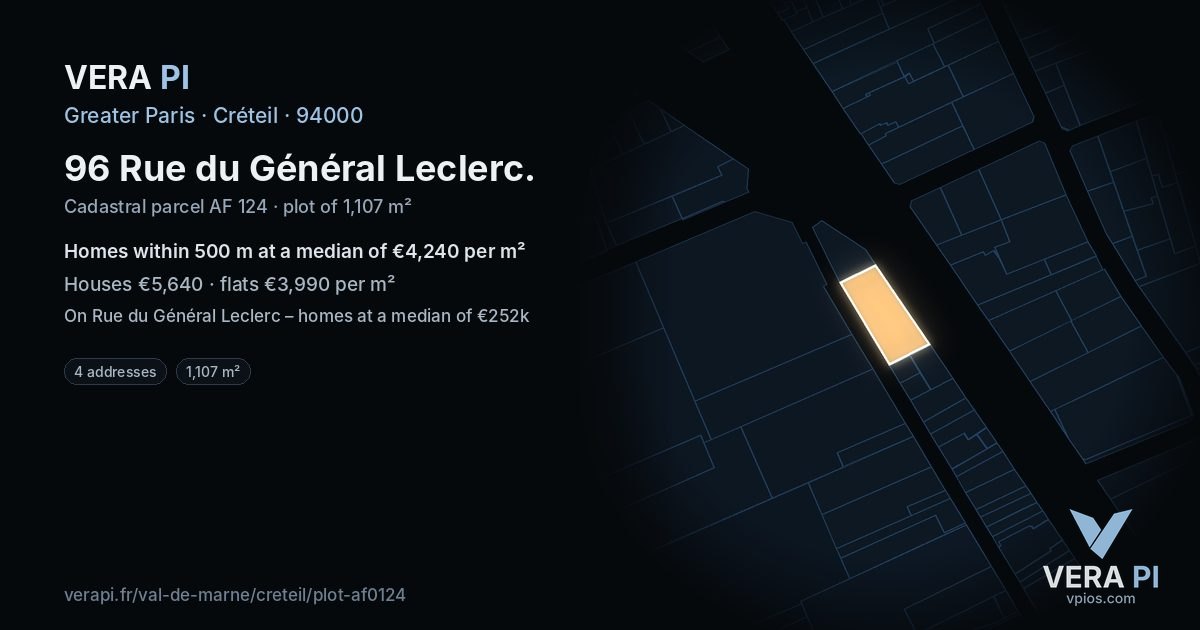 96 Rue du Général Leclerc, Créteil at night – the plot lit, the parcels around coloured by the prices near them