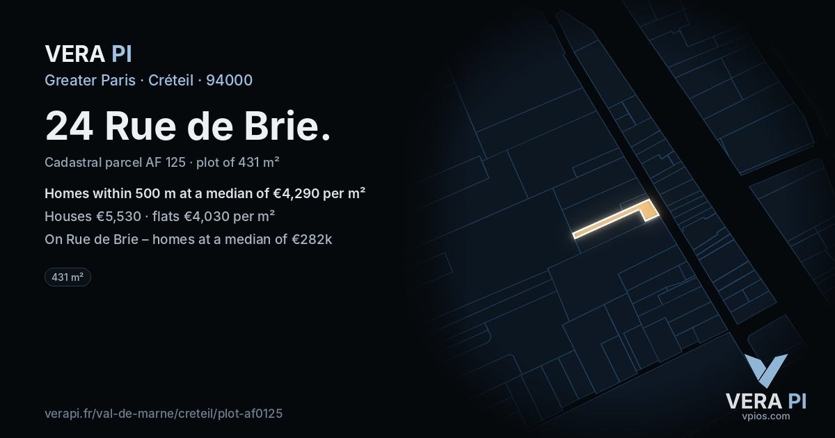 24 Rue de Brie, Créteil at night – the plot lit, the parcels around coloured by the prices near them