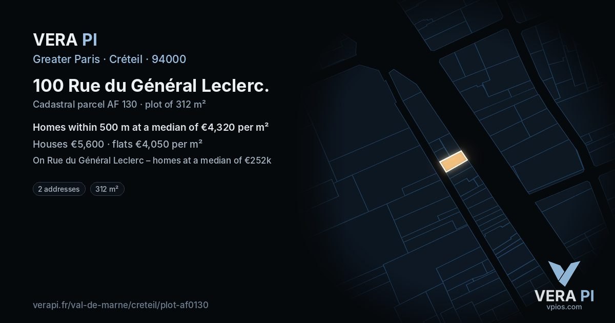100 Rue du Général Leclerc, Créteil at night – the plot lit, the parcels around coloured by the prices near them