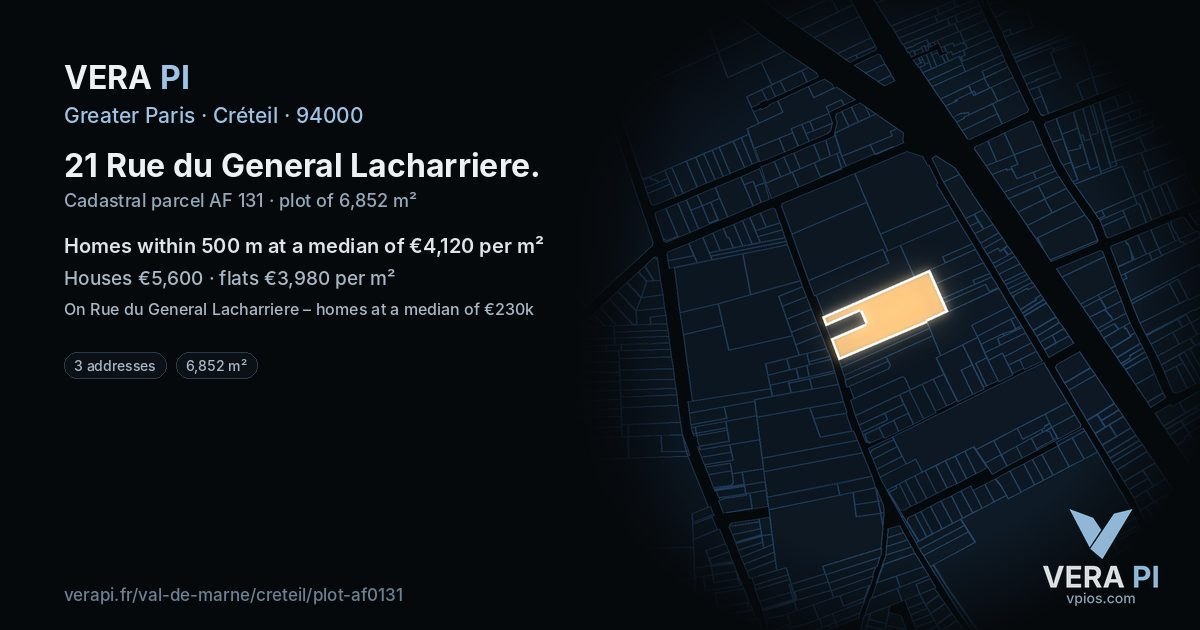 21 Rue du General Lacharriere, Créteil at night – the plot lit, the parcels around coloured by the prices near them