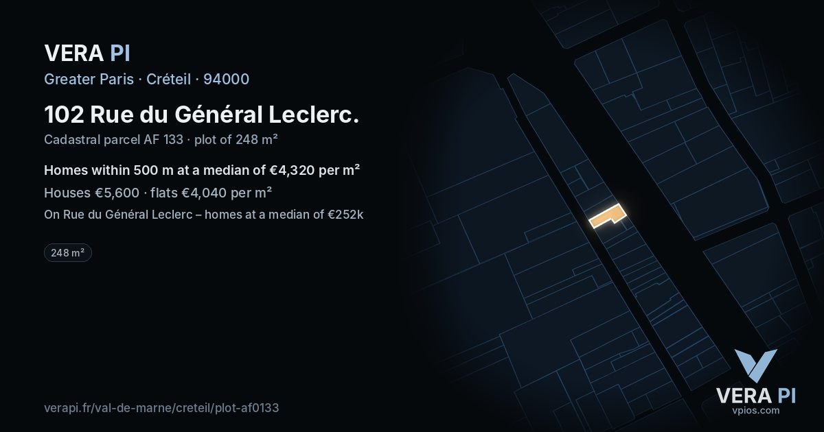 102 Rue du Général Leclerc, Créteil at night – the plot lit, the parcels around coloured by the prices near them