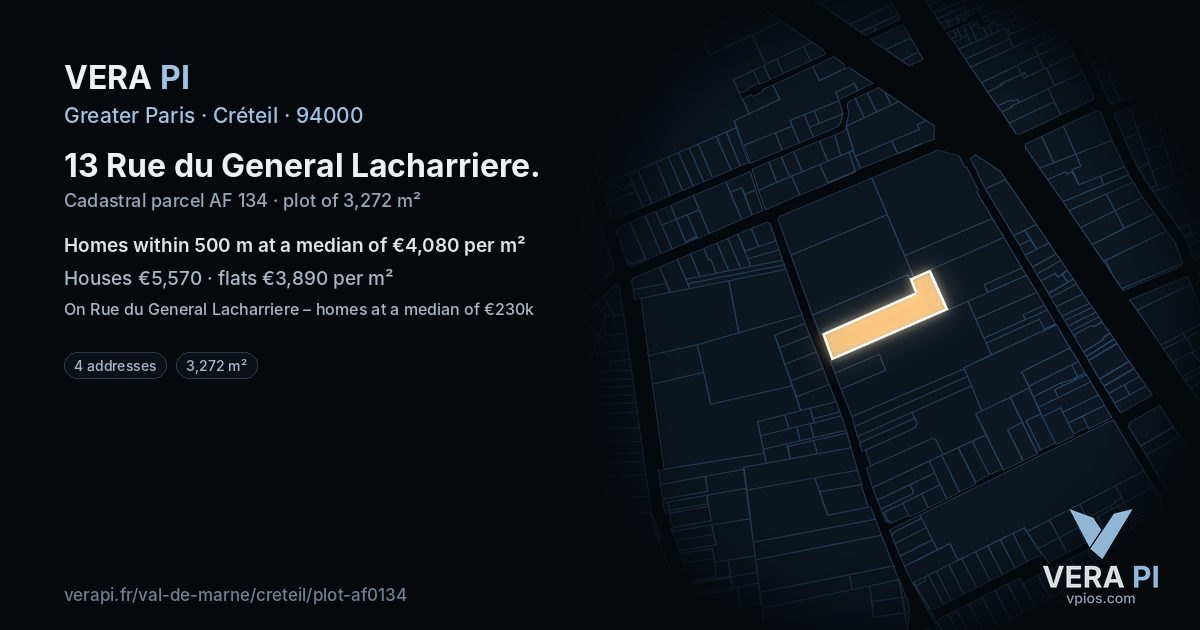 13 Rue du General Lacharriere, Créteil at night – the plot lit, the parcels around coloured by the prices near them