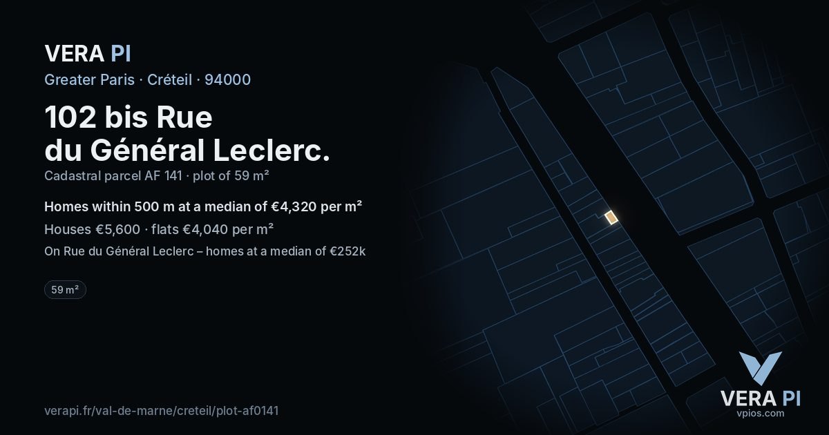102 bis Rue du Général Leclerc, Créteil at night – the plot lit, the parcels around coloured by the prices near them