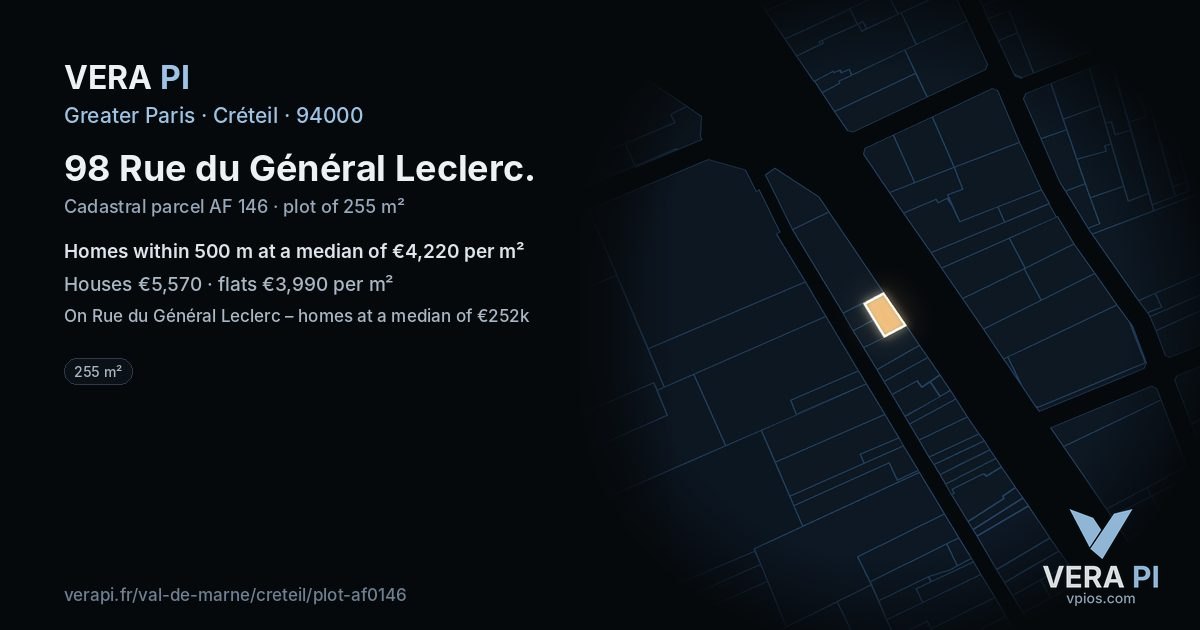 98 Rue du Général Leclerc, Créteil at night – the plot lit, the parcels around coloured by the prices near them