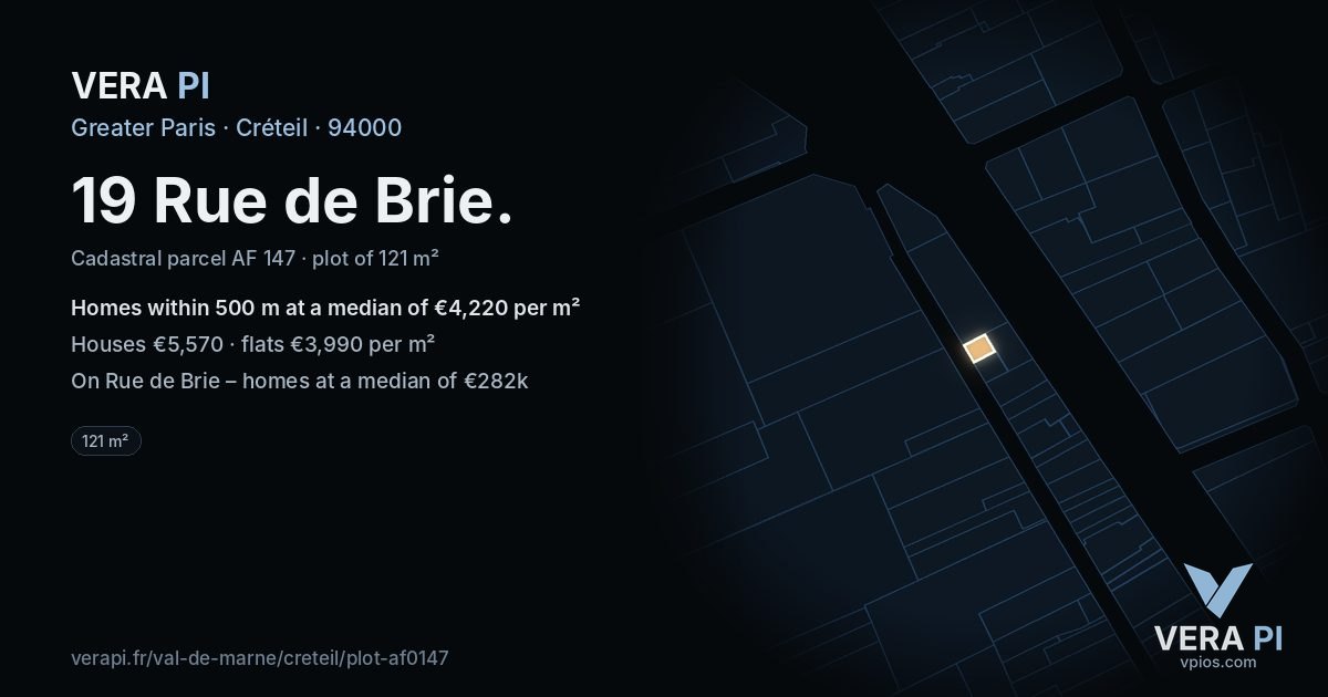 19 Rue de Brie, Créteil at night – the plot lit, the parcels around coloured by the prices near them