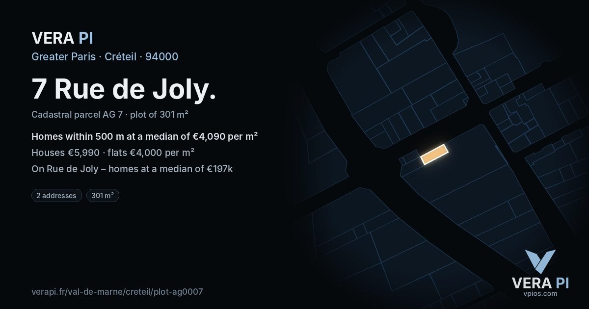 7 Rue de Joly, Créteil at night – the plot lit, the parcels around coloured by the prices near them