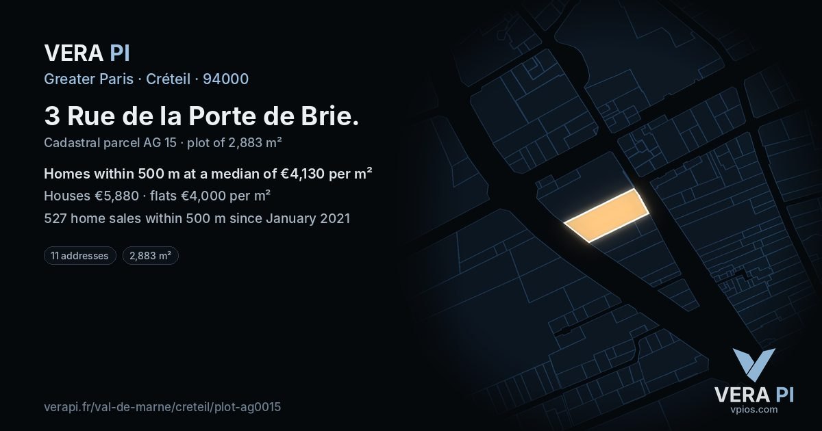 3 Rue de la Porte de Brie, Créteil at night – the plot lit, the parcels around coloured by the prices near them