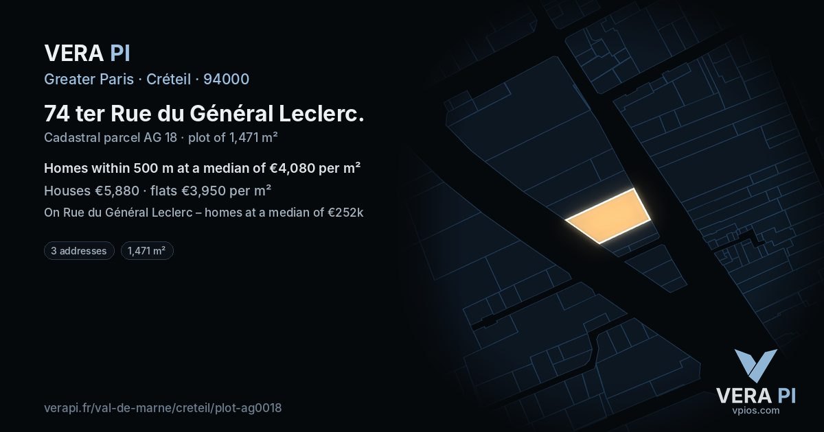 74 ter Rue du Général Leclerc, Créteil at night – the plot lit, the parcels around coloured by the prices near them