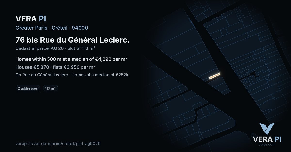76 bis Rue du Général Leclerc, Créteil at night – the plot lit, the parcels around coloured by the prices near them