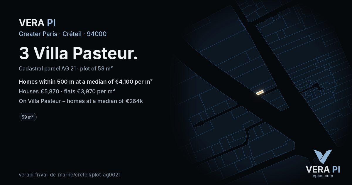 3 Villa Pasteur, Créteil at night – the plot lit, the parcels around coloured by the prices near them
