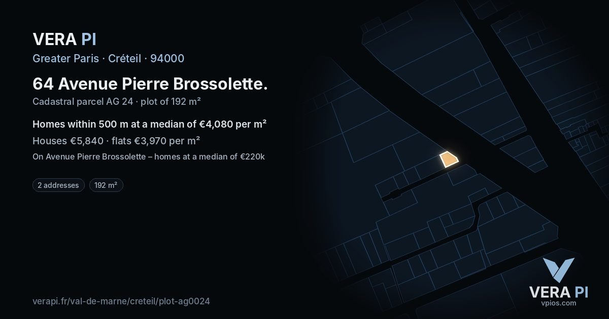 64 Avenue Pierre Brossolette, Créteil at night – the plot lit, the parcels around coloured by the prices near them