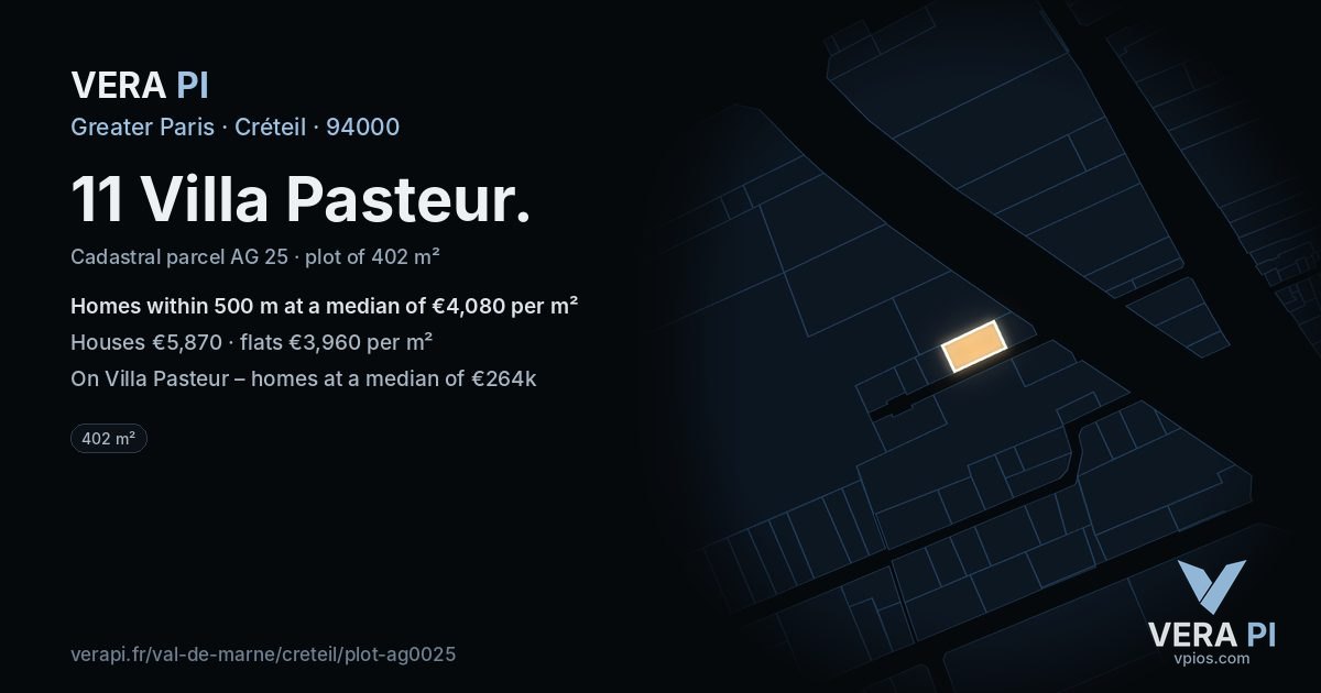 11 Villa Pasteur, Créteil at night – the plot lit, the parcels around coloured by the prices near them