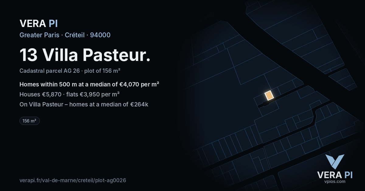 13 Villa Pasteur, Créteil at night – the plot lit, the parcels around coloured by the prices near them