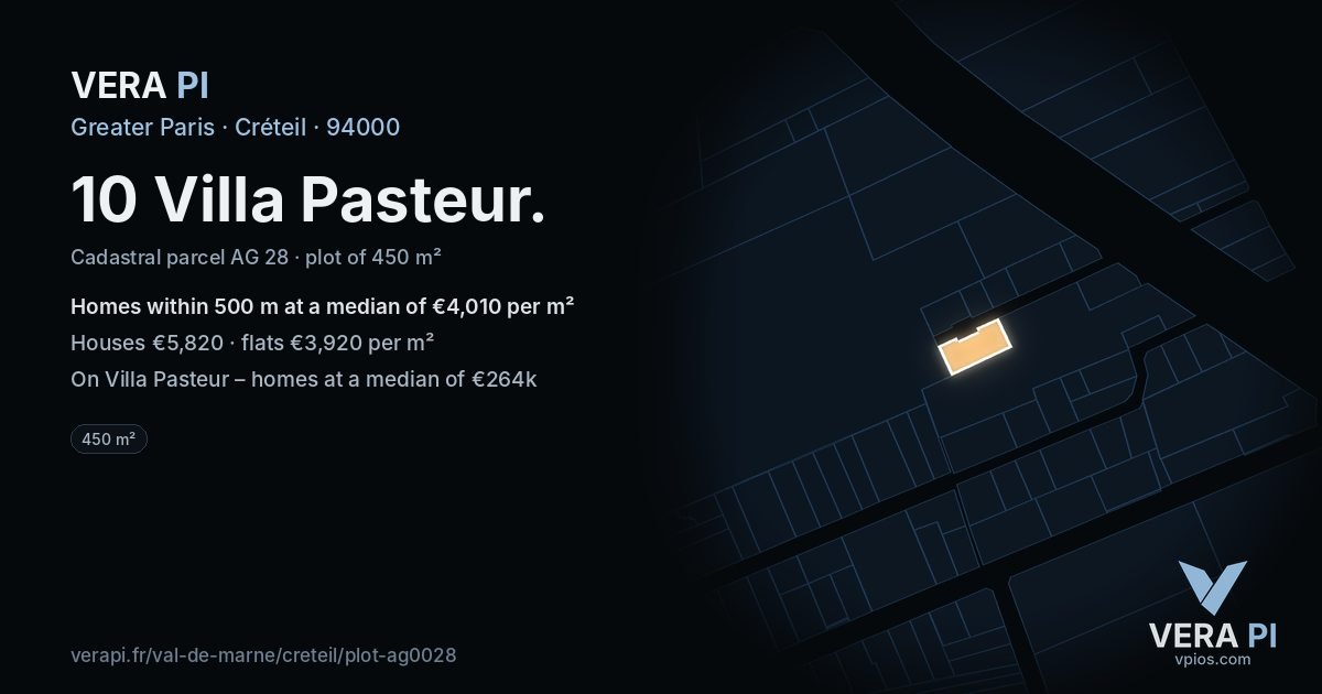10 Villa Pasteur, Créteil at night – the plot lit, the parcels around coloured by the prices near them