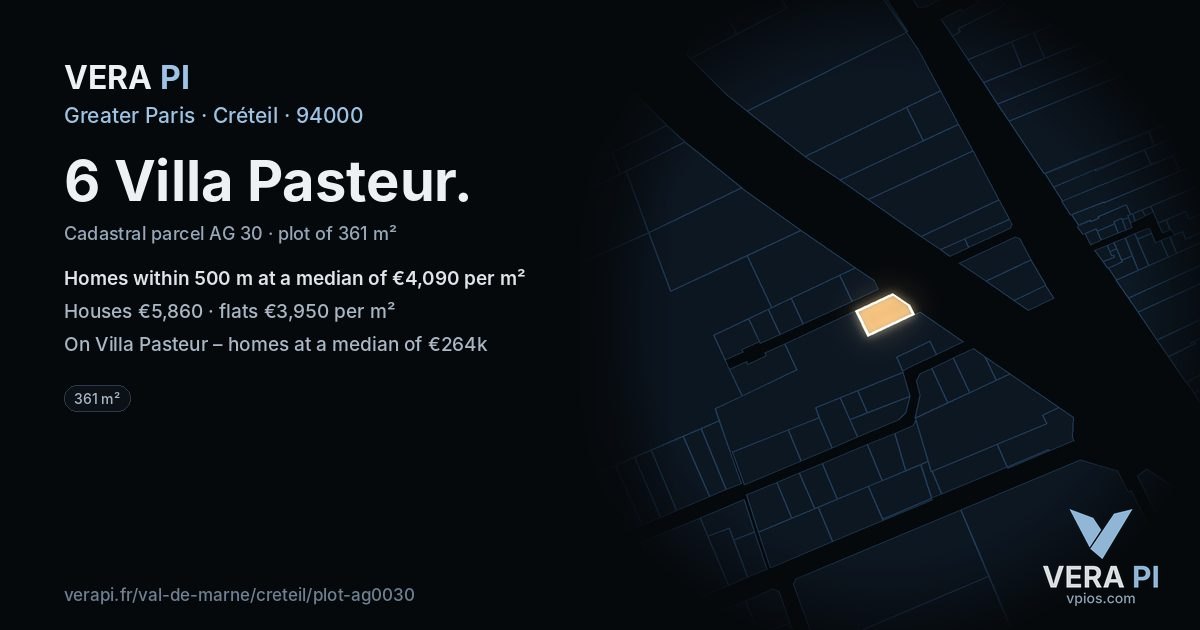 6 Villa Pasteur, Créteil at night – the plot lit, the parcels around coloured by the prices near them