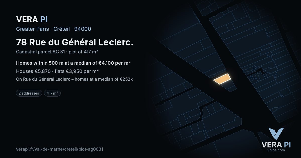 78 Rue du Général Leclerc, Créteil at night – the plot lit, the parcels around coloured by the prices near them