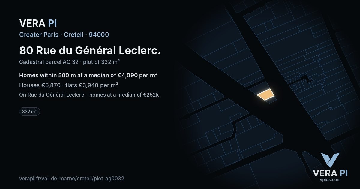 80 Rue du Général Leclerc, Créteil at night – the plot lit, the parcels around coloured by the prices near them