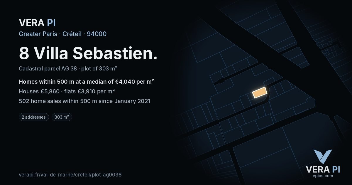 8 Villa Sebastien, Créteil at night – the plot lit, the parcels around coloured by the prices near them