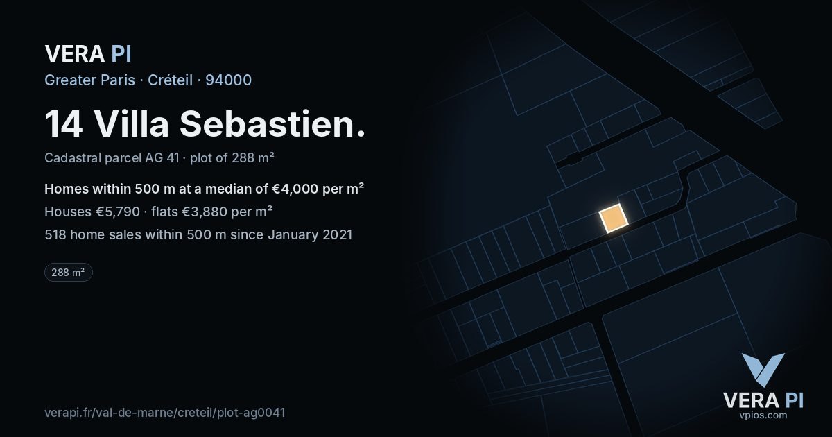 14 Villa Sebastien, Créteil at night – the plot lit, the parcels around coloured by the prices near them