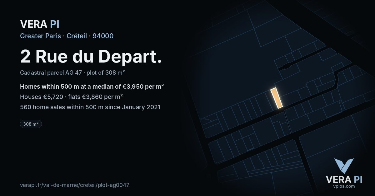 2 Rue du Depart, Créteil at night – the plot lit, the parcels around coloured by the prices near them