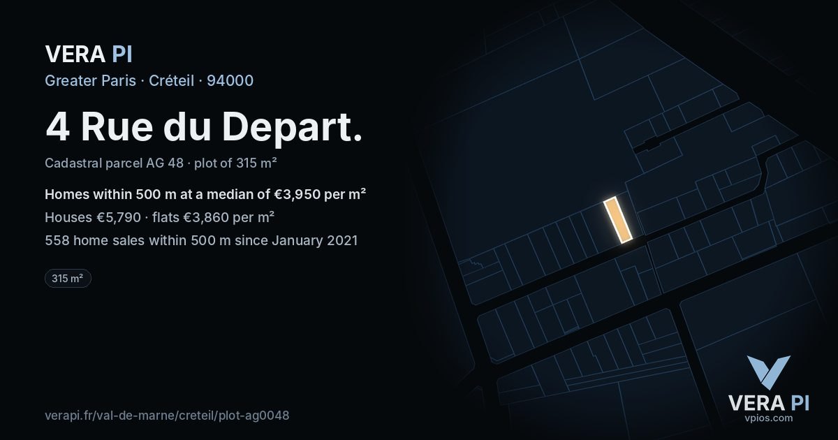 4 Rue du Depart, Créteil at night – the plot lit, the parcels around coloured by the prices near them
