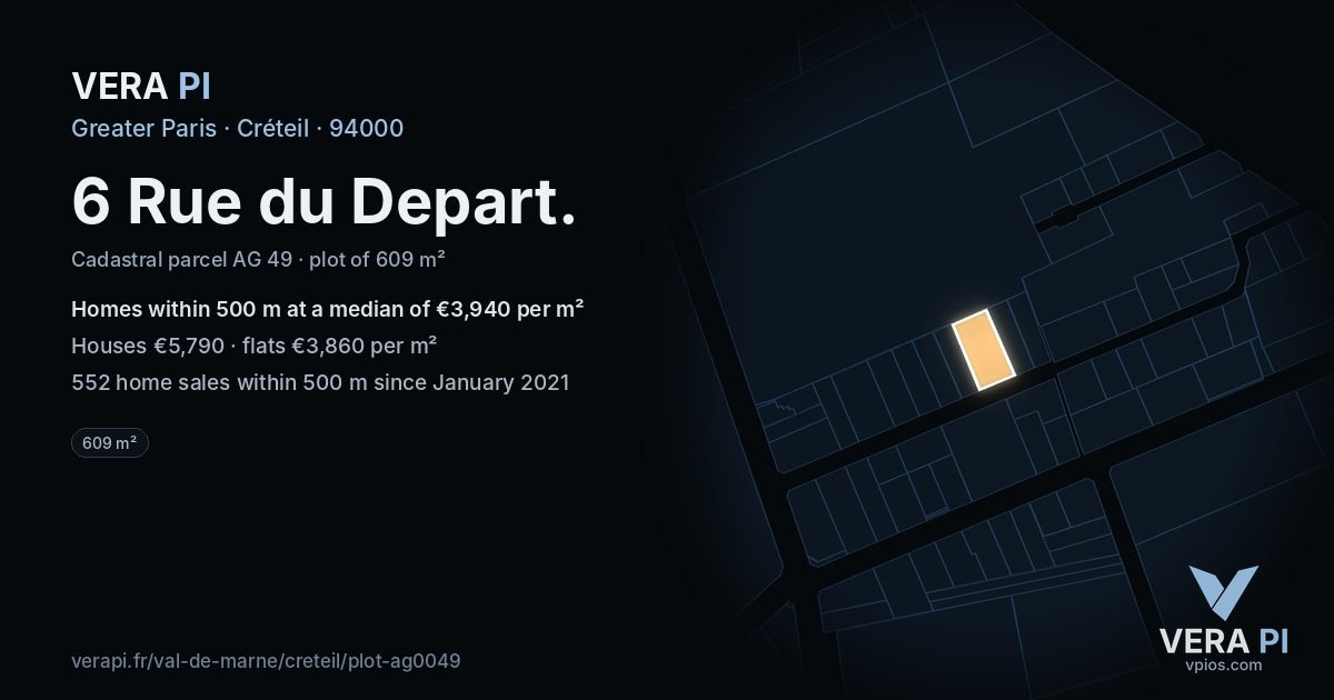 6 Rue du Depart, Créteil at night – the plot lit, the parcels around coloured by the prices near them