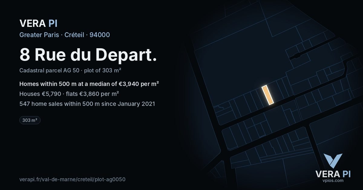 8 Rue du Depart, Créteil at night – the plot lit, the parcels around coloured by the prices near them