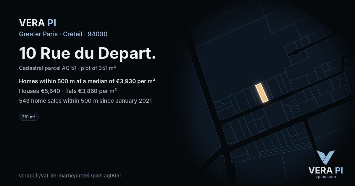 10 Rue du Depart, Créteil at night – the plot lit, the parcels around coloured by the prices near them