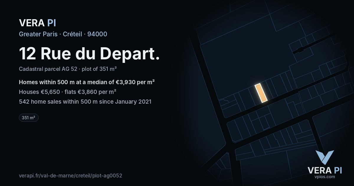 12 Rue du Depart, Créteil at night – the plot lit, the parcels around coloured by the prices near them