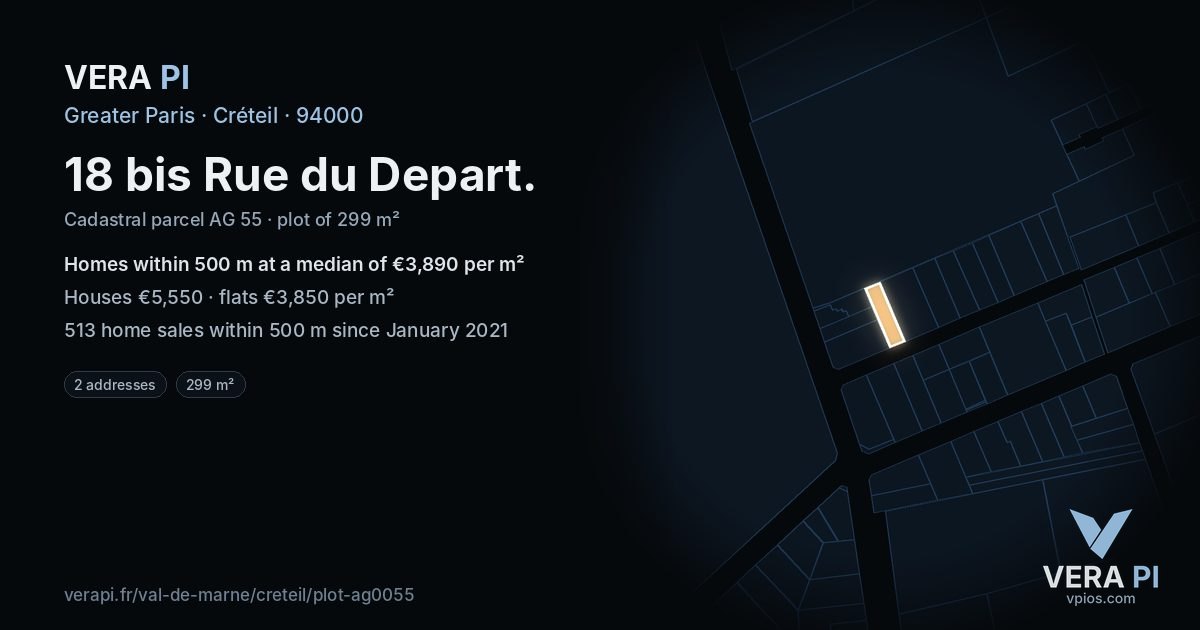 18 bis Rue du Depart, Créteil at night – the plot lit, the parcels around coloured by the prices near them