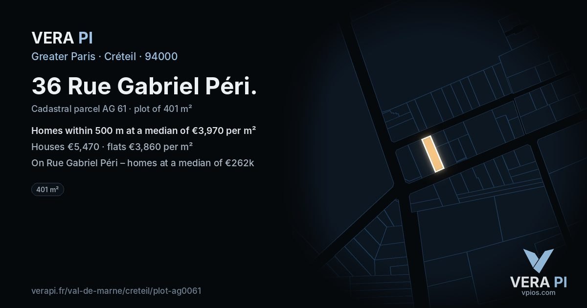 36 Rue Gabriel Péri, Créteil at night – the plot lit, the parcels around coloured by the prices near them