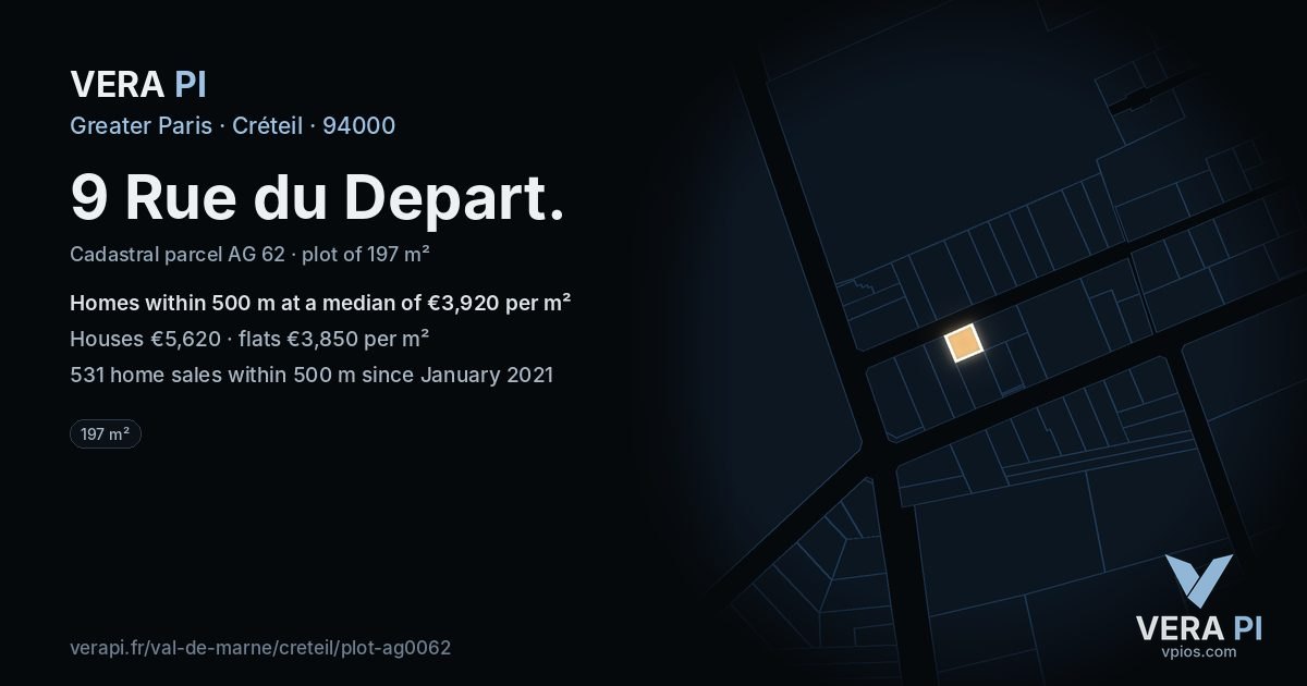 9 Rue du Depart, Créteil at night – the plot lit, the parcels around coloured by the prices near them